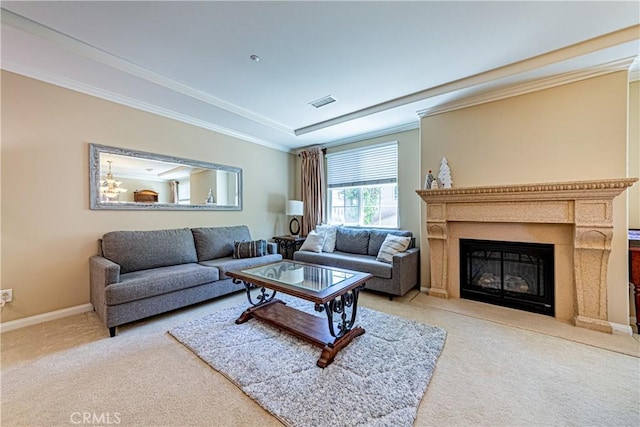 18956 Northern Dancer Ln, Yorba Linda, CA 92886 - living room with carpet flooring, ornamental molding, and a fireplace with flush hearth