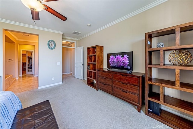 18956 Northern Dancer Ln, Yorba Linda, CA 92886 - living area featuring carpet, crown molding, and ceiling fan