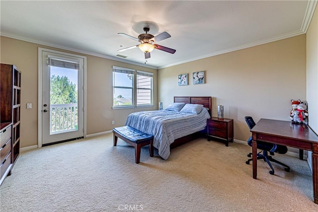 18956 Northern Dancer Ln, Yorba Linda, CA 92886 - bedroom with access to outside, light colored carpet, crown molding, an office area, and a ceiling fan