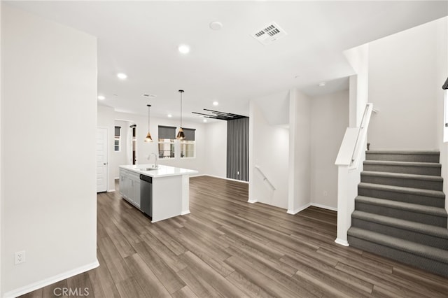 40497 Melrose Dr, Temecula, CA 92591 - unfurnished living room with recessed lighting, dark wood-type flooring, and stairs