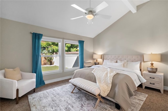 7543 E Twinleaf Trl, Orange, CA 92869 - carpeted bedroom featuring beam ceiling, high vaulted ceiling, and a ceiling fan