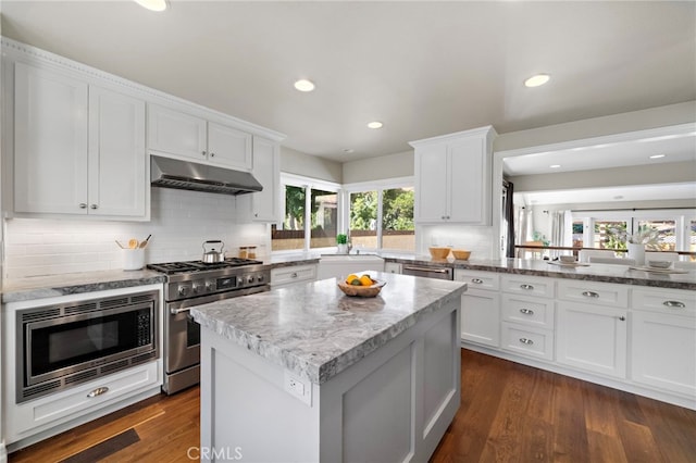 7543 E Twinleaf Trl, Orange, CA 92869 - kitchen featuring appliances with stainless steel finishes, under cabinet range hood, plenty of natural light, decorative backsplash, and recessed lighting