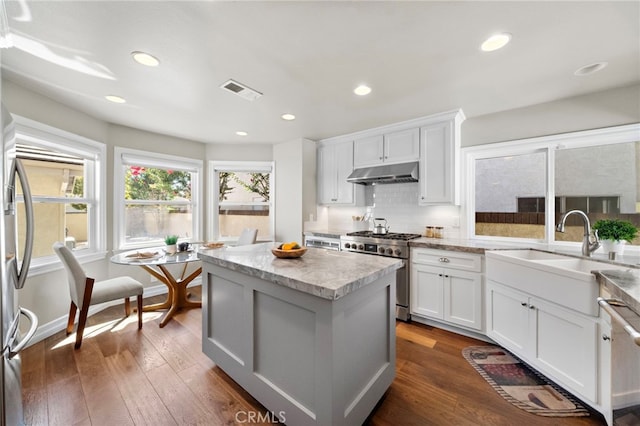 7543 E Twinleaf Trl, Orange, CA 92869 - kitchen with high end stove, under cabinet range hood, a kitchen island, light stone countertops, and dark wood-type flooring