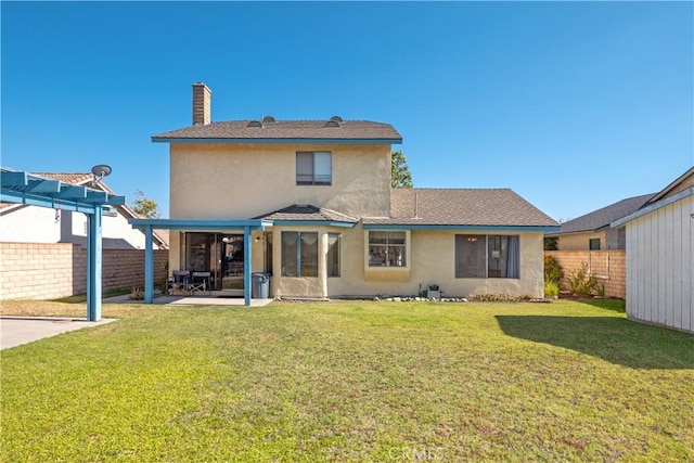 12356 Thistle Dr, Rancho Cucamonga, CA 91739 - back of house featuring stucco siding, a fenced backyard, a chimney, a patio area, and a pergola