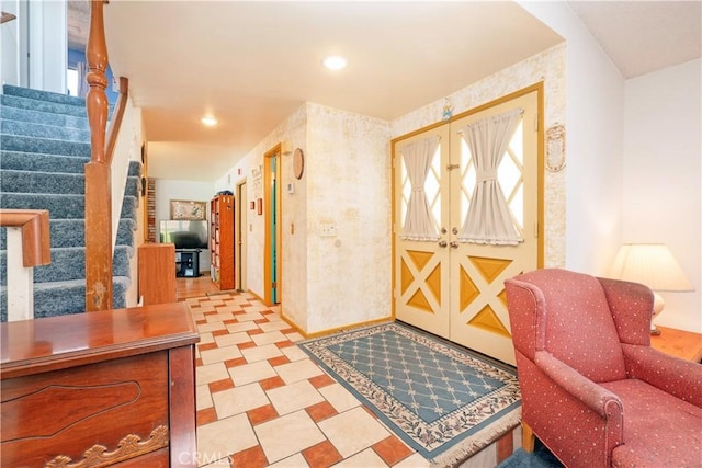 12356 Thistle Dr, Rancho Cucamonga, CA 91739 - entrance foyer featuring stairs, wallpapered walls, and recessed lighting