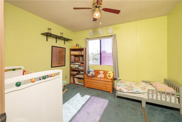 12356 Thistle Dr, Rancho Cucamonga, CA 91739 - carpeted bedroom with a textured ceiling and a ceiling fan