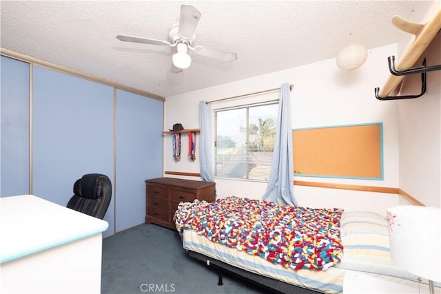 12356 Thistle Dr, Rancho Cucamonga, CA 91739 - bedroom featuring carpet, a textured ceiling, a closet, and a ceiling fan