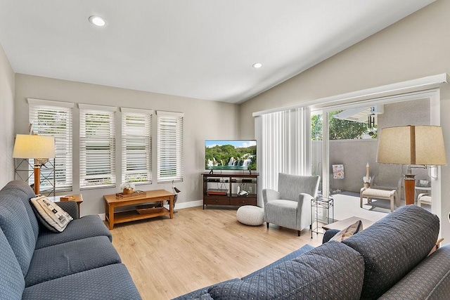 8815 Yuba Cir Unit 1102B, Huntington Beach, CA 92646 - living area featuring wood finished floors, recessed lighting, and vaulted ceiling