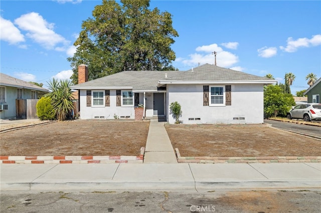 1906 Cloverdale Dr, Pomona, CA 91767 - view of front of property featuring roof with shingles, stucco siding, crawl space, and a chimney
