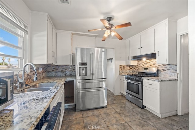 1906 Cloverdale Dr, Pomona, CA 91767 - kitchen featuring stainless steel appliances, under cabinet range hood, backsplash, and white cabinets
