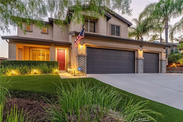 35467 Meadow Park Cir, Wildomar, CA 92595 - view of front of house featuring stucco siding, driveway, a garage, a front lawn, and brick siding