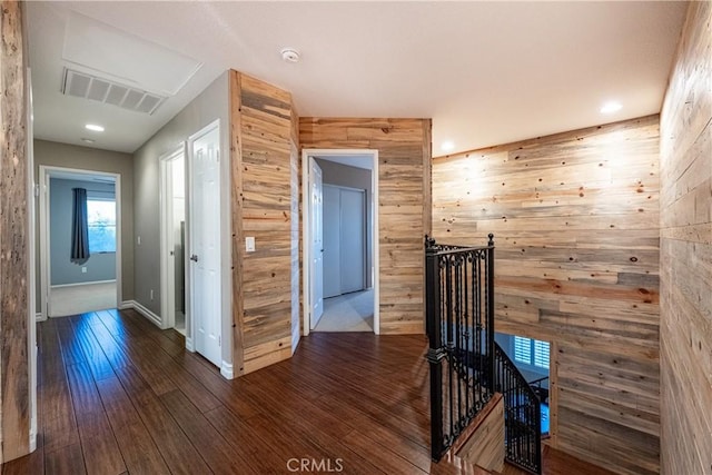 35467 Meadow Park Cir, Wildomar, CA 92595 - hall with an upstairs landing, hardwood / wood-style flooring, recessed lighting, and wooden walls