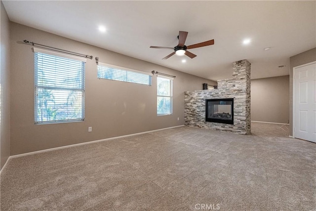 35467 Meadow Park Cir, Wildomar, CA 92595 - unfurnished living room with a ceiling fan, carpet, and a stone fireplace