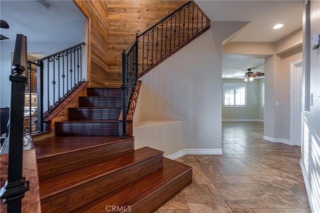 35467 Meadow Park Cir, Wildomar, CA 92595 - staircase with stone tile floors, ceiling fan, and recessed lighting