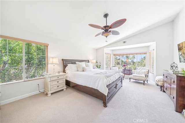 22681 Maplewood, Mission Viejo, CA 92692 - bedroom with light carpet, vaulted ceiling, and ceiling fan
