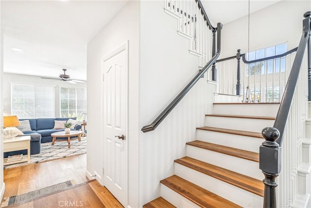 22681 Maplewood, Mission Viejo, CA 92692 - staircase with a ceiling fan, wood finished floors, and recessed lighting