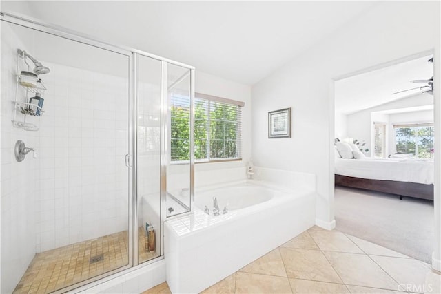 22681 Maplewood, Mission Viejo, CA 92692 - full bathroom with ensuite bath, a bath, a stall shower, plenty of natural light, and vaulted ceiling