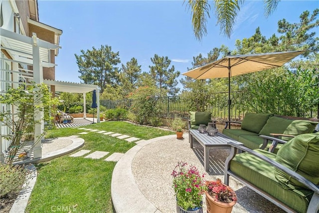 22681 Maplewood, Mission Viejo, CA 92692 - fenced backyard with an outdoor living space, a patio area, and a pergola
