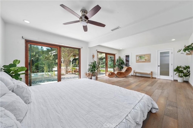24537 Dry Canyon Cold Creek Rd, Calabasas, CA 91302 - bedroom featuring access to outside, multiple windows, hardwood / wood-style flooring, recessed lighting, and a ceiling fan