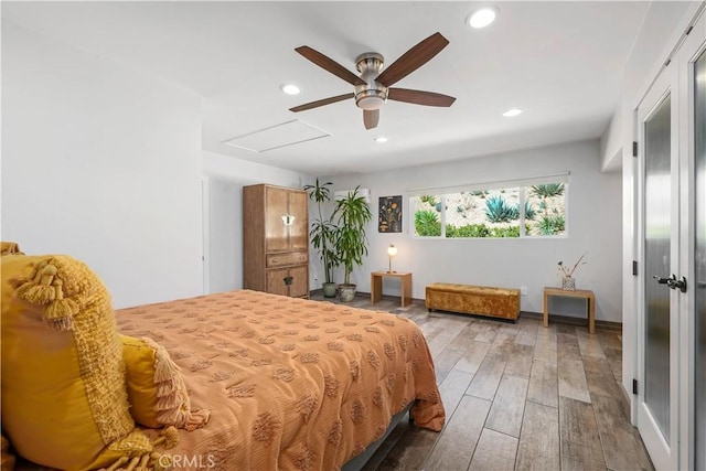24537 Dry Canyon Cold Creek Rd, Calabasas, CA 91302 - bedroom featuring recessed lighting, wood finished floors, attic access, and ceiling fan