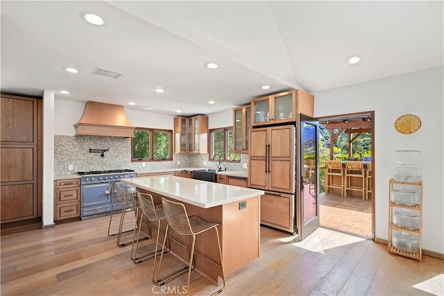 24537 Dry Canyon Cold Creek Rd, Calabasas, CA 91302 - kitchen with premium appliances, custom range hood, light wood-style flooring, decorative backsplash, and recessed lighting