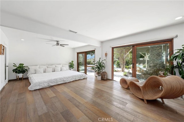 24537 Dry Canyon Cold Creek Rd, Calabasas, CA 91302 - bedroom with access to exterior, hardwood / wood-style floors, recessed lighting, and a ceiling fan