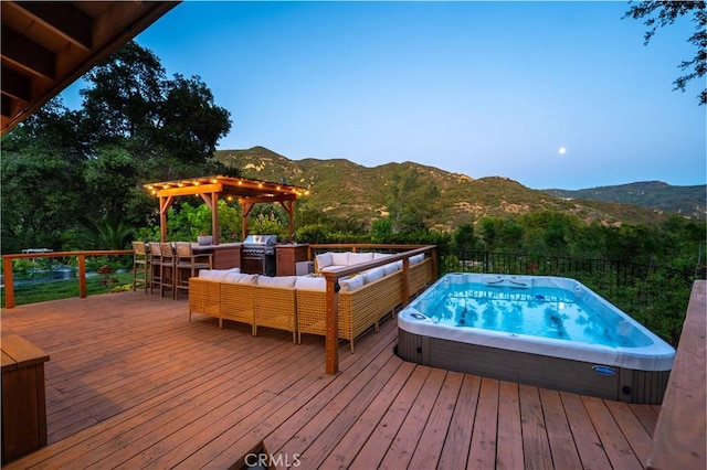 24537 Dry Canyon Cold Creek Rd, Calabasas, CA 91302 - deck with a mountain view, outdoor lounge area, a pergola, and grilling area