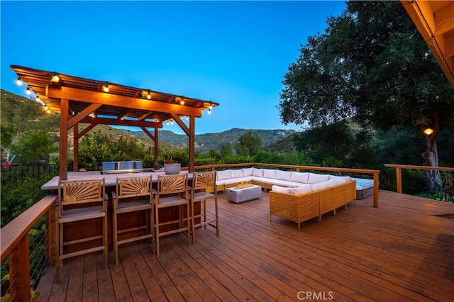 24537 Dry Canyon Cold Creek Rd, Calabasas, CA 91302 - wooden terrace featuring a mountain view and outdoor lounge area