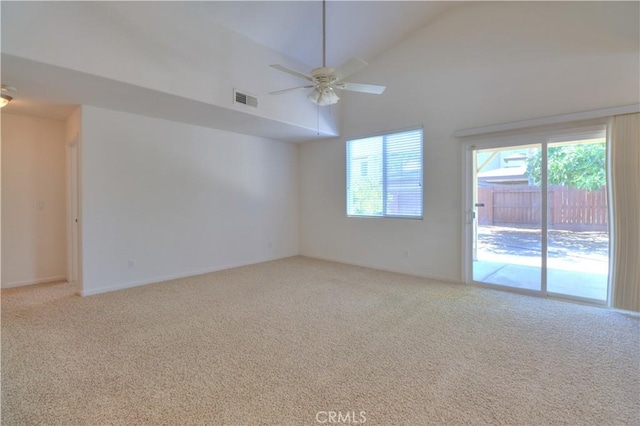 2062 Dunbar Way, Dinuba, CA 93618 - carpeted empty room featuring a ceiling fan and high vaulted ceiling