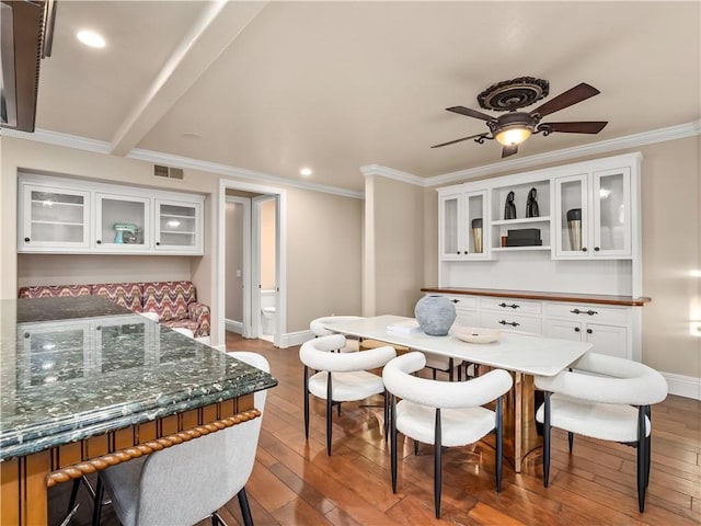 6550 N Blackhawk Ln, Clovis, CA 93619 - dining space with hardwood / wood-style flooring, ceiling fan, ornamental molding, and recessed lighting