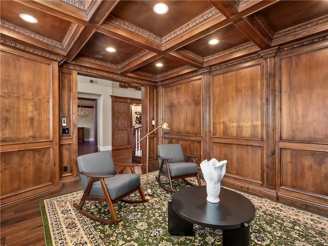 6550 N Blackhawk Ln, Clovis, CA 93619 - sitting room featuring coffered ceiling, dark wood-type flooring, ornamental molding, and recessed lighting
