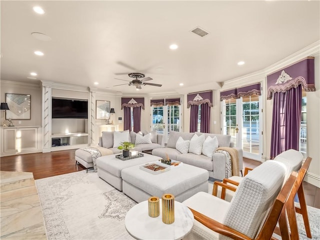 6550 N Blackhawk Ln, Clovis, CA 93619 - living area featuring crown molding, recessed lighting, wood finished floors, plenty of natural light, and a ceiling fan