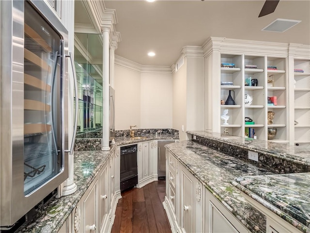 6550 N Blackhawk Ln, Clovis, CA 93619 - kitchen featuring black dishwasher, fridge, dark wood-type flooring, light stone counters, and recessed lighting