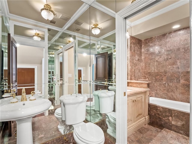 6550 N Blackhawk Ln, Clovis, CA 93619 - full bath with ornamental molding, a tub with marble appearance, and marble finish flooring
