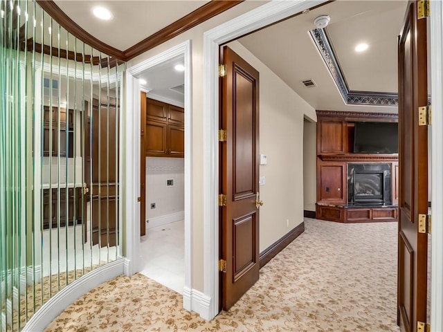 6550 N Blackhawk Ln, Clovis, CA 93619 - corridor featuring crown molding, carpet, and recessed lighting