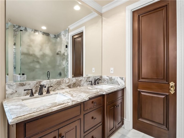 6550 N Blackhawk Ln, Clovis, CA 93619 - bathroom with double vanity, a stall shower, ornamental molding, and recessed lighting