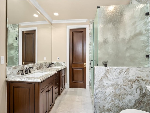 6550 N Blackhawk Ln, Clovis, CA 93619 - bathroom featuring a stall shower, double vanity, and ornamental molding