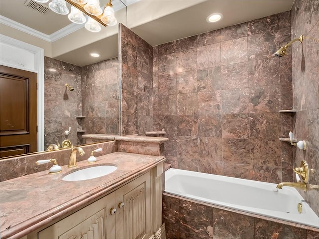 6550 N Blackhawk Ln, Clovis, CA 93619 - bathroom with vanity, crown molding, tiled shower / bath, and tile walls
