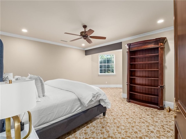 6550 N Blackhawk Ln, Clovis, CA 93619 - bedroom with recessed lighting, ornamental molding, a ceiling fan, and carpet