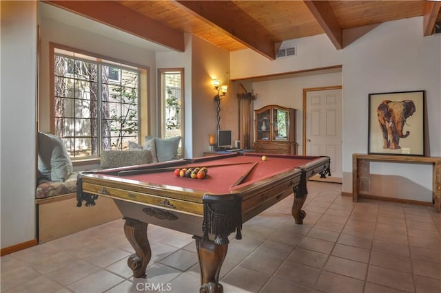 26873 Huron Rd, Lake Arrowhead, CA 92317 - recreation room featuring a wooden ceiling with exposed beams, billiards, and tile patterned floors