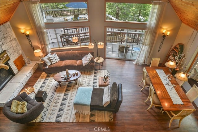 26873 Huron Rd, Lake Arrowhead, CA 92317 - living area with wood finished floors, a stone fireplace, and high vaulted ceiling