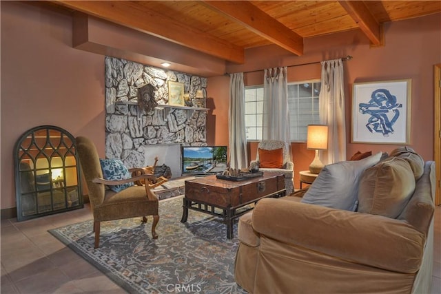 26873 Huron Rd, Lake Arrowhead, CA 92317 - sitting room featuring a wooden ceiling with exposed beams and tile patterned flooring
