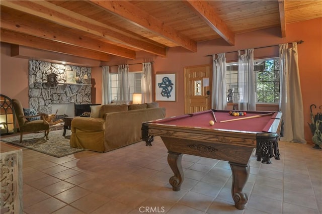 26873 Huron Rd, Lake Arrowhead, CA 92317 - recreation room with pool table, a wood ceiling with exposed beams, and tile patterned floors