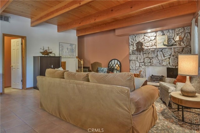 26873 Huron Rd, Lake Arrowhead, CA 92317 - tiled living room with a wood ceiling with exposed beams and baseboards