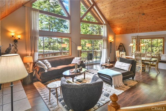 26873 Huron Rd, Lake Arrowhead, CA 92317 - living area featuring high vaulted ceiling, wooden ceiling, healthy amount of natural light, and wood finished floors