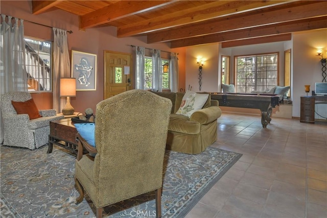 26873 Huron Rd, Lake Arrowhead, CA 92317 - tiled living room featuring billiards table, healthy amount of natural light, and a wood ceiling with exposed beams