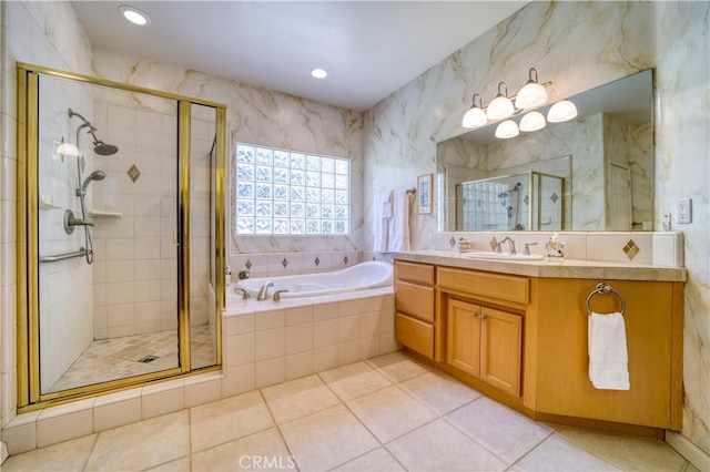 665 Silver Charm Dr, Arroyo Grande, CA 93420 - full bath featuring a bath, vanity, a shower stall, tile patterned floors, and recessed lighting