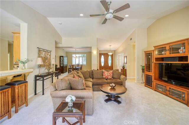 665 Silver Charm Dr, Arroyo Grande, CA 93420 - carpeted living area with lofted ceiling and ceiling fan