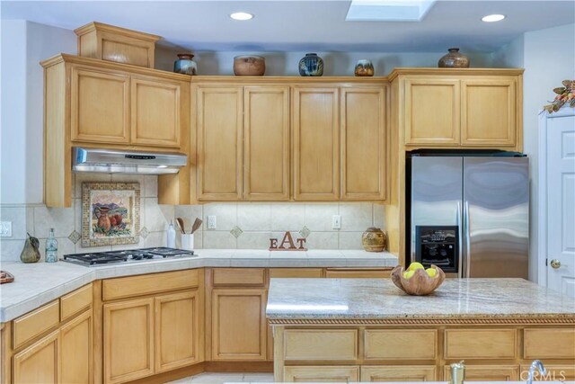 665 Silver Charm Dr, Arroyo Grande, CA 93420 - kitchen with appliances with stainless steel finishes, light brown cabinets, light countertops, under cabinet range hood, and recessed lighting