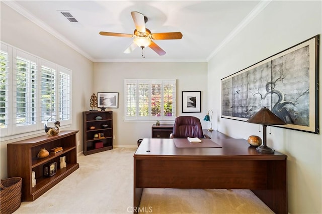 665 Silver Charm Dr, Arroyo Grande, CA 93420 - carpeted home office featuring ceiling fan and crown molding